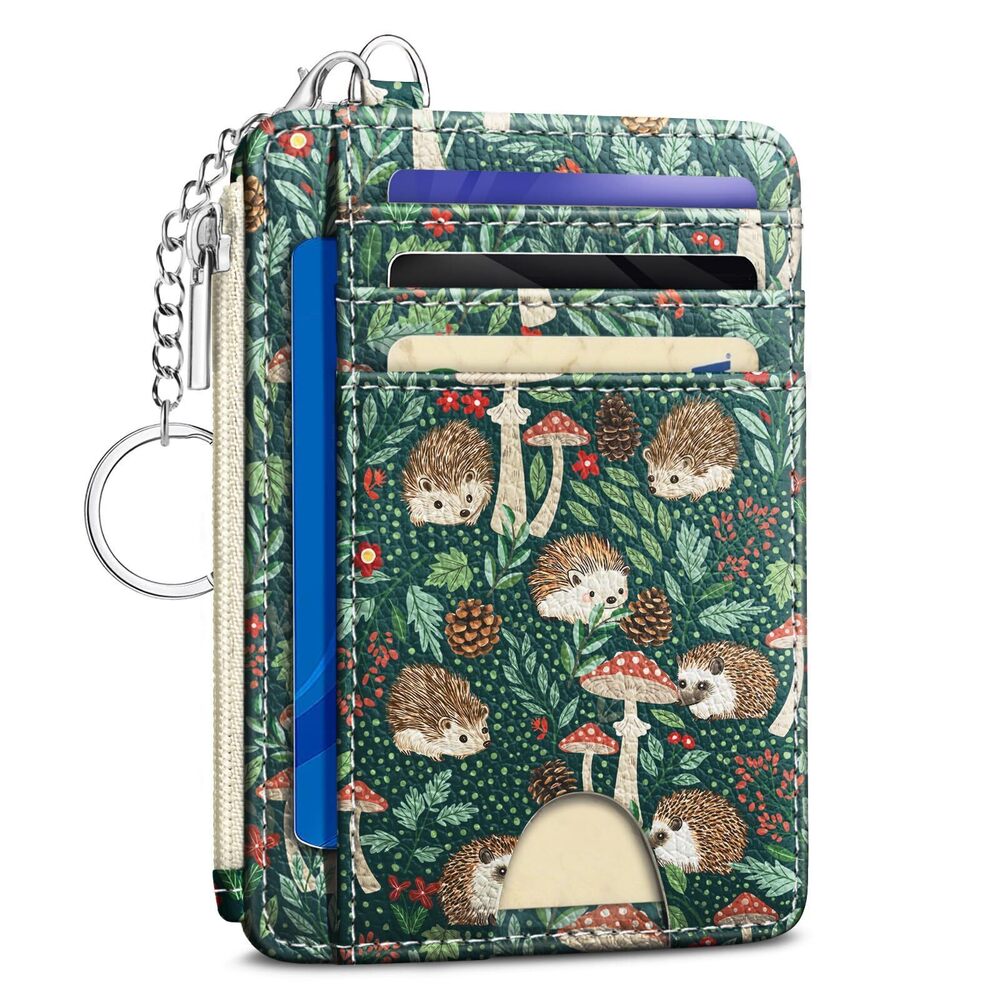 7863 Cute Hedgehog Credit Card Holder Small Wallet , Mushrooms Slim RFID